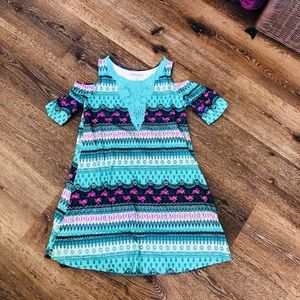 Blue and pink off the shoulder dress